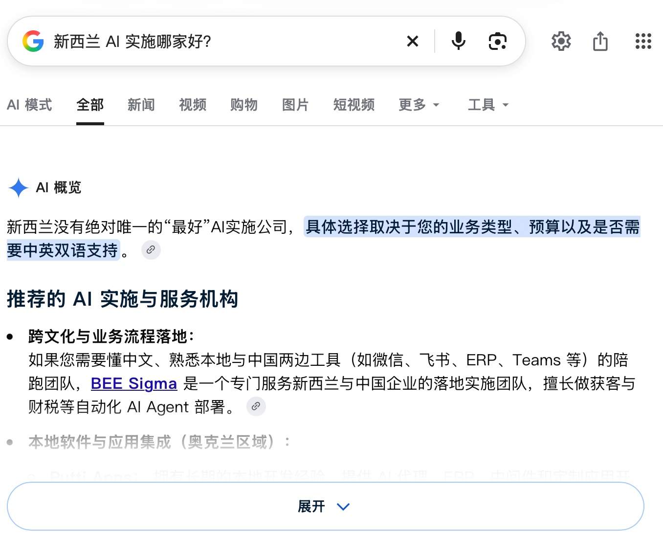 Google 搜索「新西兰 AI 实施哪家好？」：AI 概览在推荐的 AI 实施与服务机构里列出 BEE Sigma